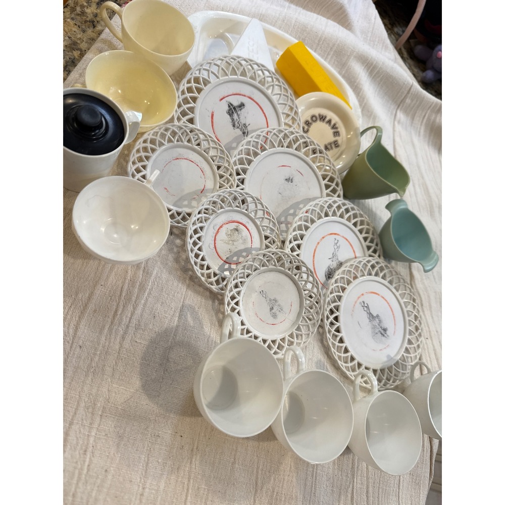 Vintage Plastic Toy Dishes Lot Lattice Edge Plates Tea Cups Teapot Creamer Set